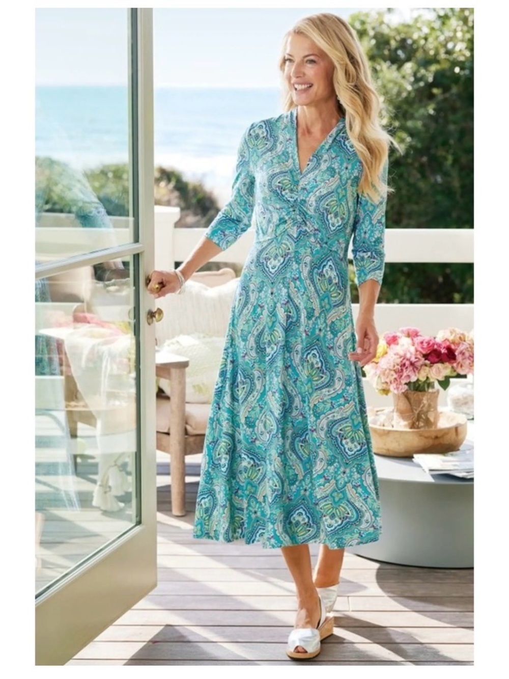 Soft Surroundings Ariza Midi Turquoise Paisley  Dress L Boho Cottagecore Euro